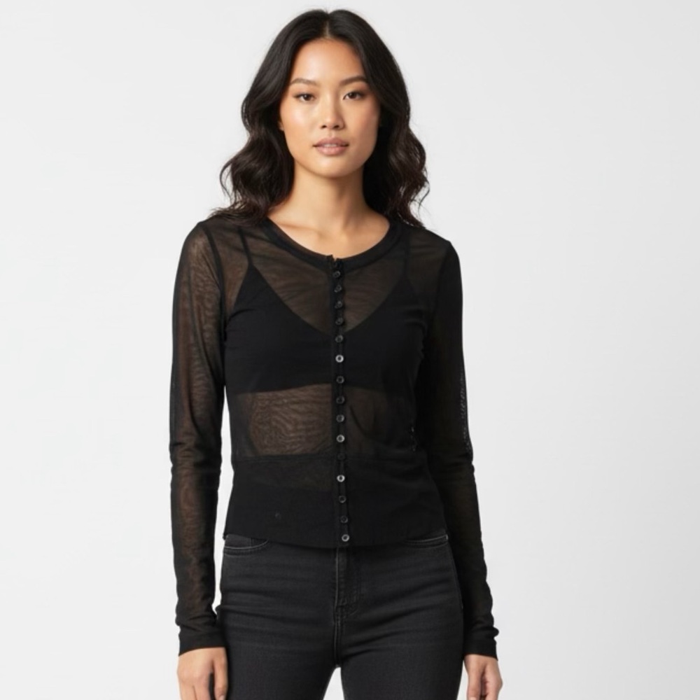 Sheer Button-Front Black Long Sleeve Top